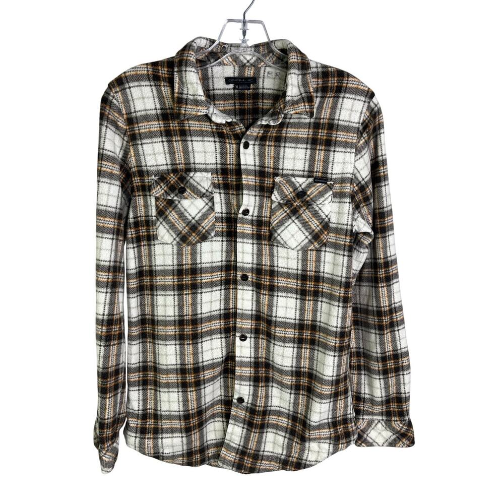O'Neill Shirt Boys XL Cream Brown Plaid‎ Snap Front Thick Flannel Outdoorsy